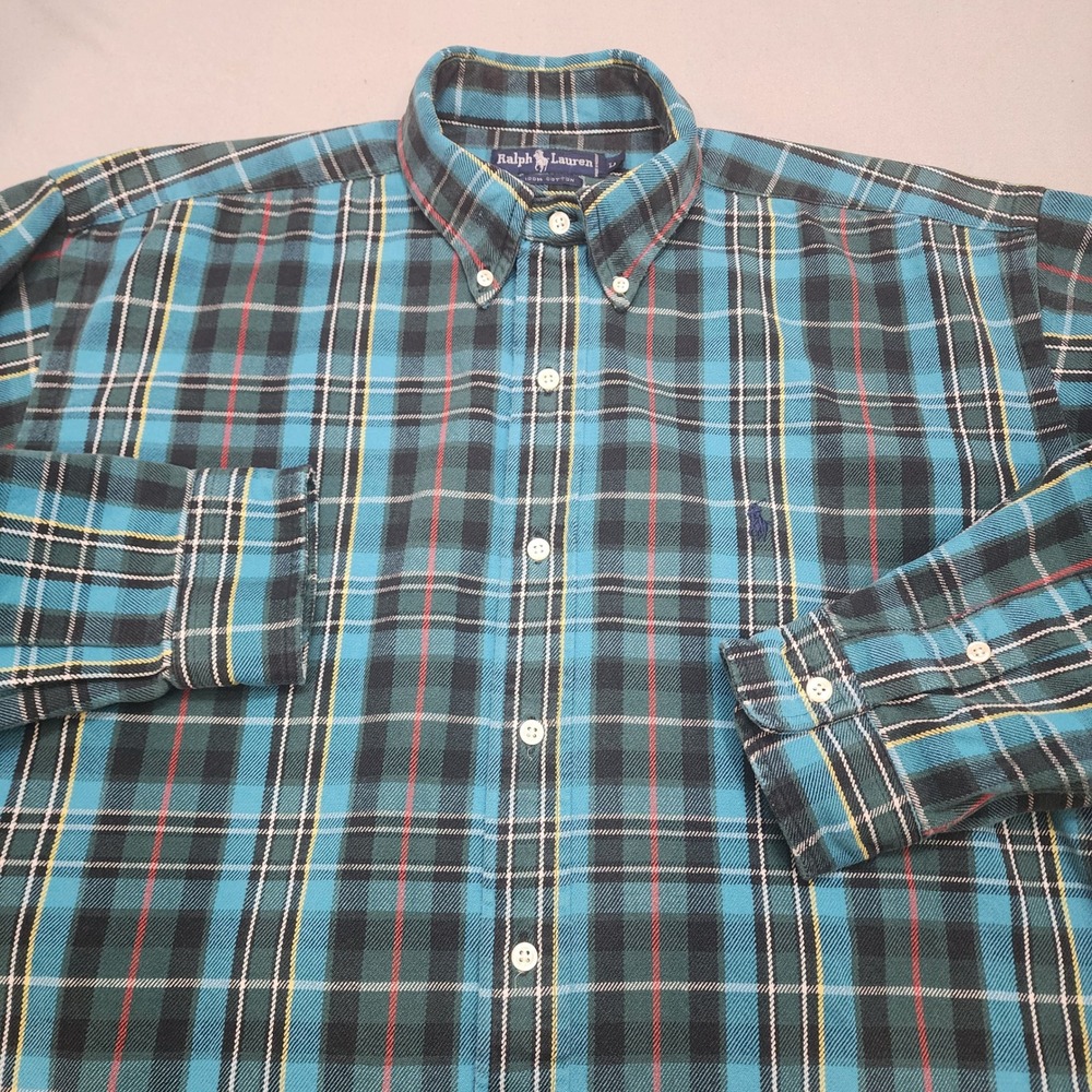 Ralph Lauren Plaid Button Down Shirt Men's‎ Large Blue Green Cotton